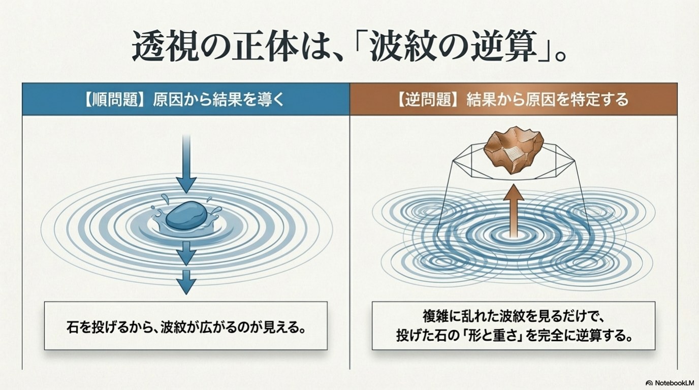 順問題と逆問題の違いを図示したスライド