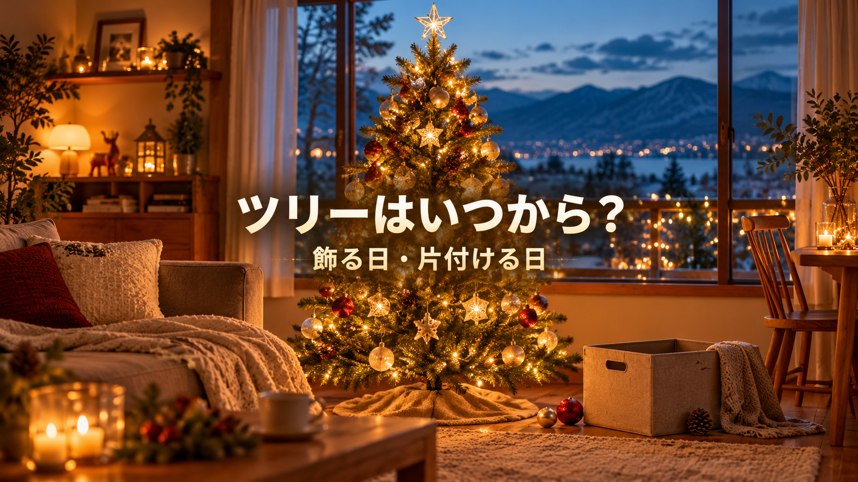 暖かな明かりのクリスマスツリーと室内を描いた飾る時期の記事のイメージ