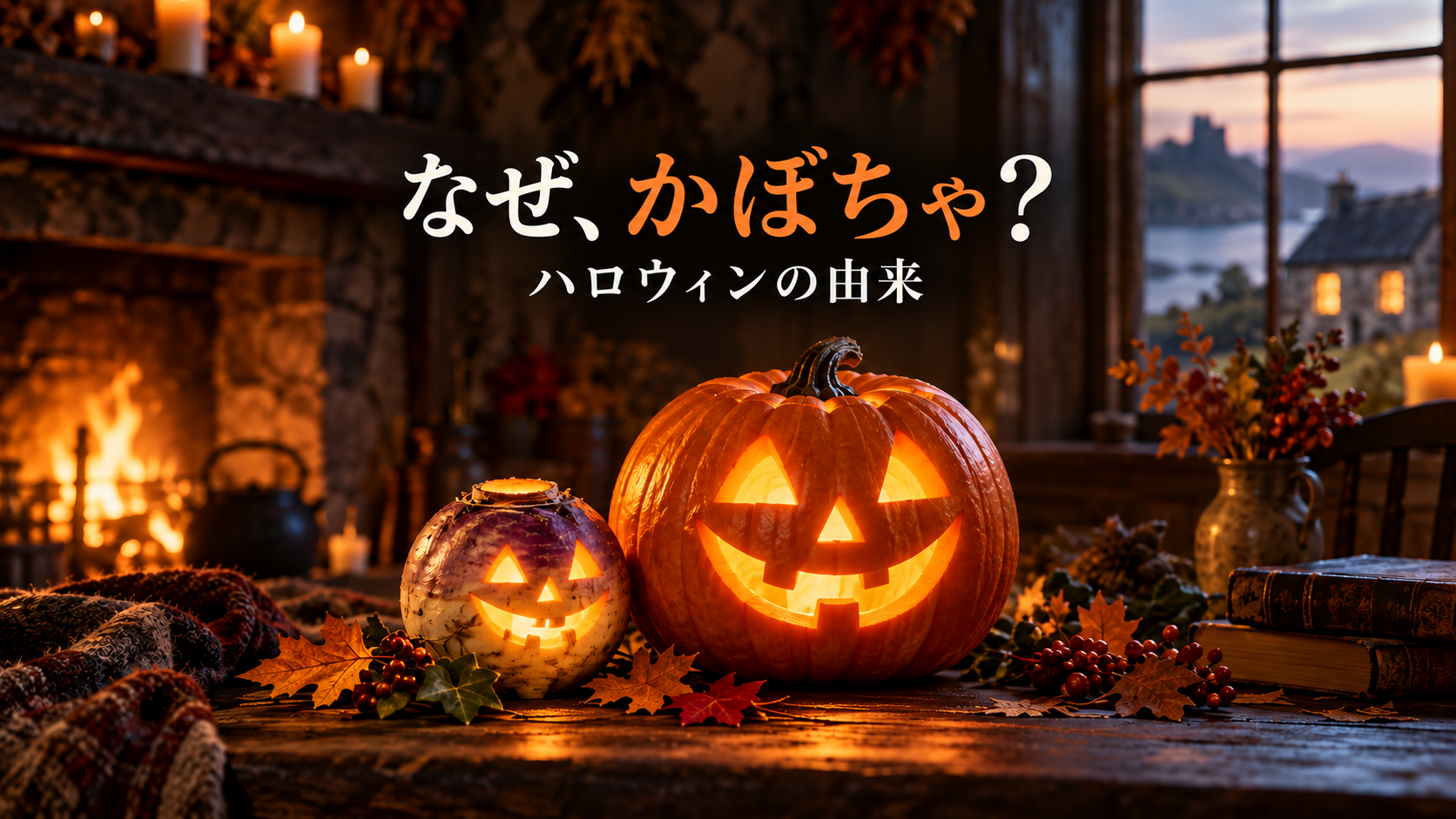 かぼちゃとカブのランタンを並べたハロウィン由来の解説イメージ