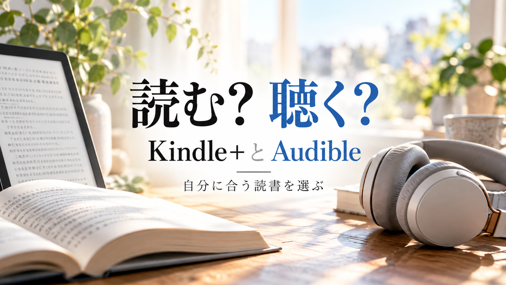 電子書籍リーダーと開いた本、ヘッドホンを並べ、Kindle+で読むかAudibleで聴くかを比較する生成イメージ