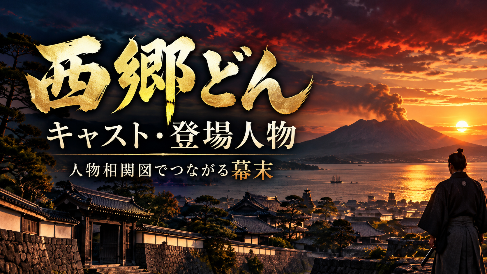 西郷どん キャスト・登場人物・人物相関図。桜島と幕末の薩摩を描いたイメージ